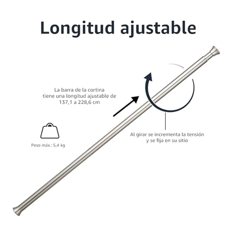 Amazon Basics Barra de Cortina de Ducha con tensión Ajustable, de 137 a 229 cm, Color níquel - Imagen 3