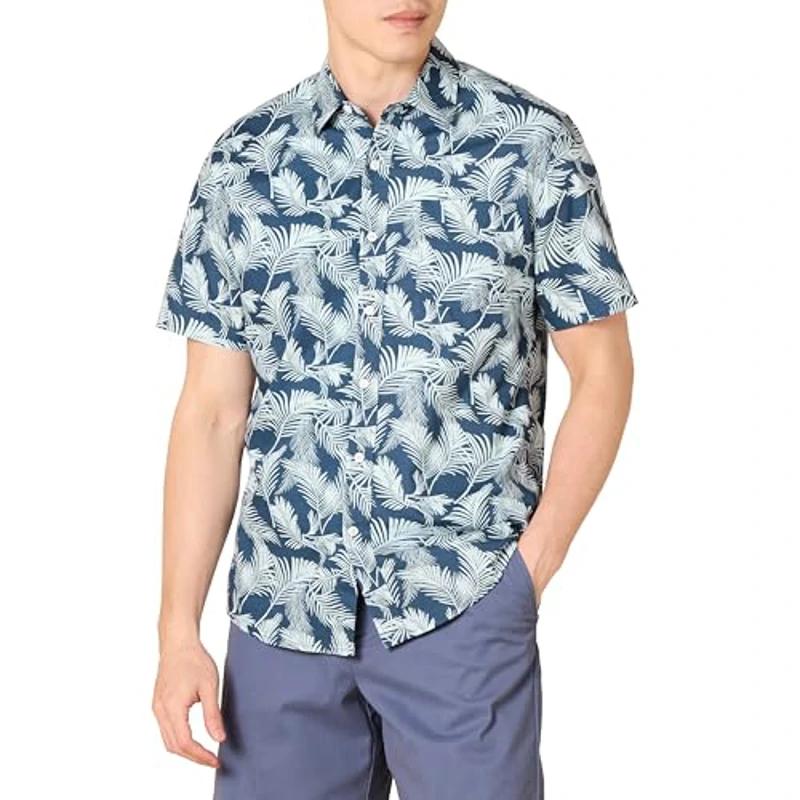 Amazon Essentials Camisa de Corte Ceñido con Mangas Cortas, Botones y Estampado Hombre, Azul Marino Hoja de Palmera, S - Imagen 1