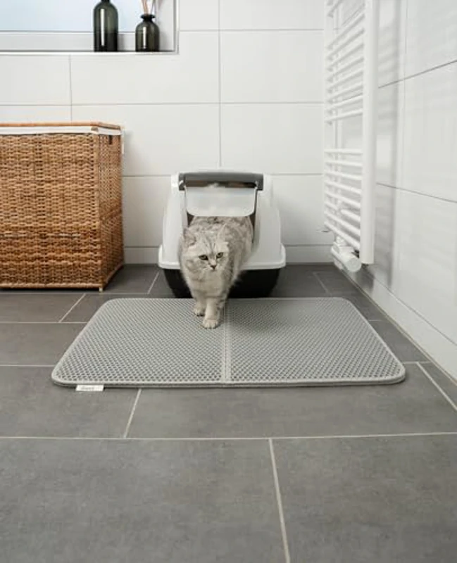lionto Alfombrilla de arena para Gatos Alfombrilla para caja de arena Almohadilla con diseño de panal Alfombrilla impermeable de doble capa recogida de la arena, 76x61x1,3 cm Gris - Imagen 2