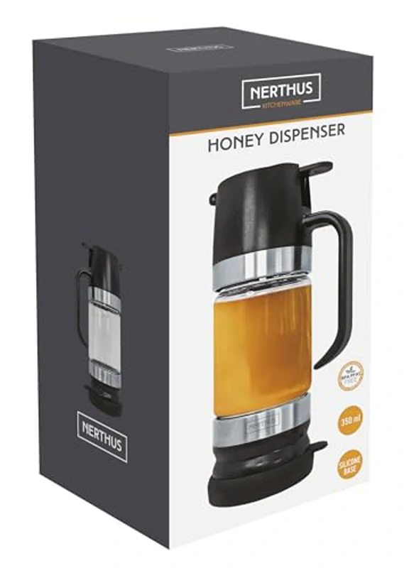 NERTHUS FIH 1479 Tarro de miel 350ml, dispensador de vidrio con base de silicona, libre de BPA, dosificador con botón de presión, fácil de rellenar y limpiar - Imagen 3