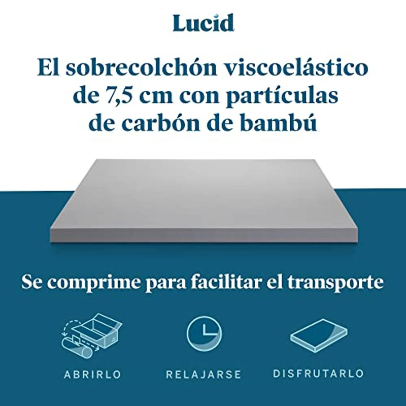 LUCID Sobrecolchon viscoelastico 90x200 cm | Con partículas de Carbón de Bambú | Grosor 7 cm |Topper para colchon - Imagen 2