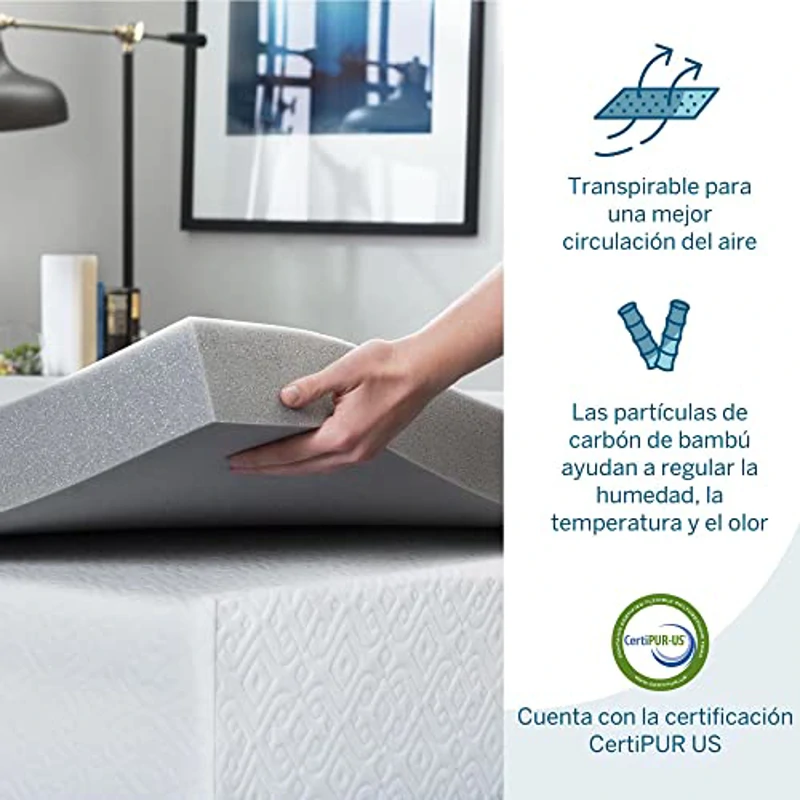 LUCID Sobrecolchon viscoelastico 90x200 cm | Con partículas de Carbón de Bambú | Grosor 7 cm |Topper para colchon - Imagen 3