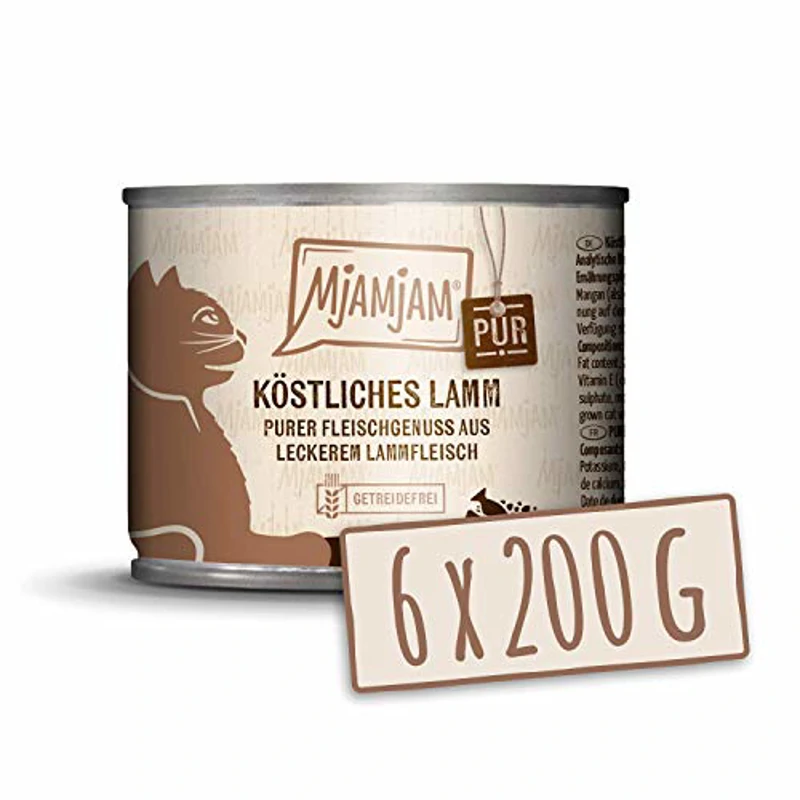 MjAMjAM - comida húmeda premium para gatos - puro disfrute de la carne - delicioso puro cordero, paquete de 6 (6 x 200 g), sin cereales con carne extra - Imagen 1