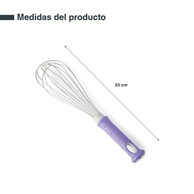 Lacor - 61590 - Batidor FIBREGLASS, Varillas Acero Inoxidable 18/10, Mango Ergonómico con Fibra de Vidrio, Color morado, Antialérgico, 25cm, Apto para el Lavavajillas - Imagen 2