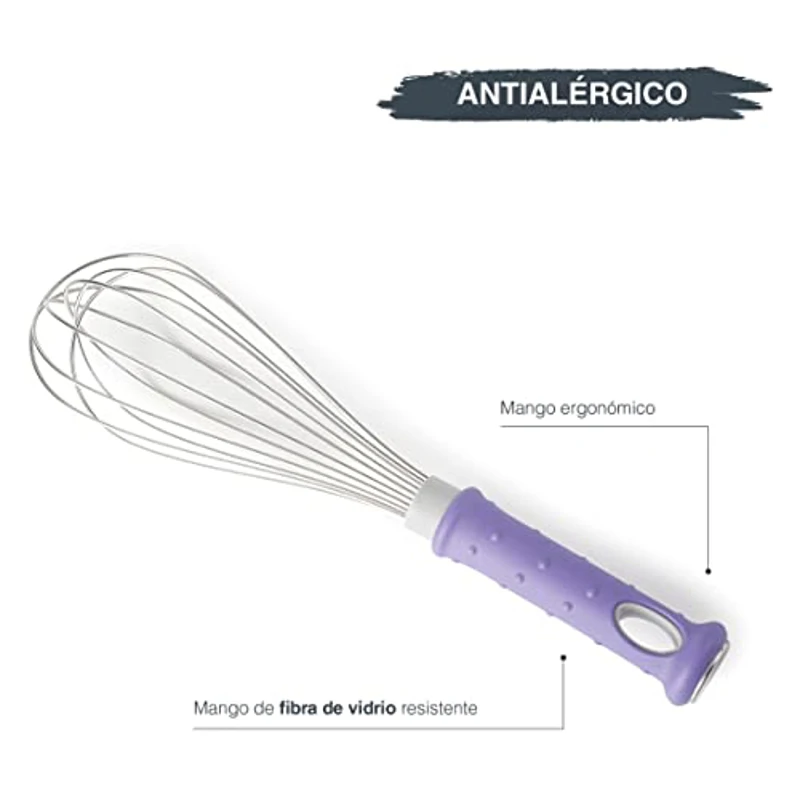 Lacor - 61590 - Batidor FIBREGLASS, Varillas Acero Inoxidable 18/10, Mango Ergonómico con Fibra de Vidrio, Color morado, Antialérgico, 25cm, Apto para el Lavavajillas - Imagen 3