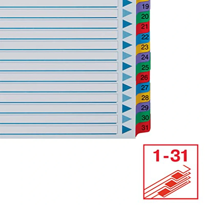 ESSELTE 100164 - Indice para carpetas multitaladro cartón MYLAR DIN A4 con cartulina índice color 1-31 multicolor - Imagen 3
