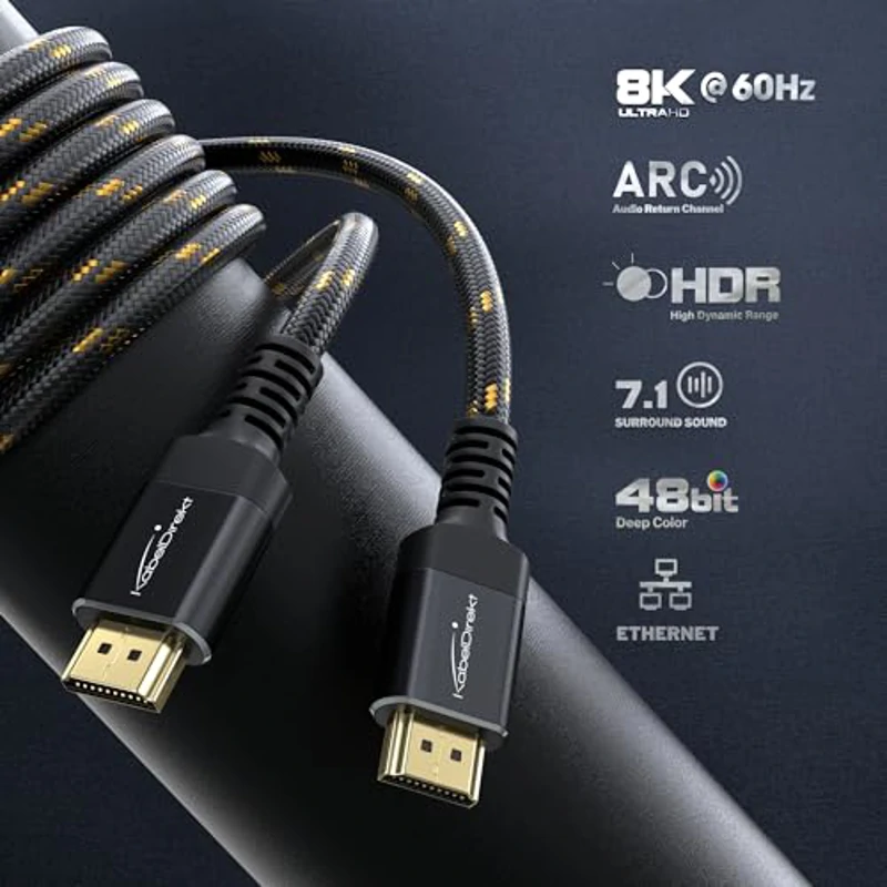 KabelDirekt – Cable HDMI 2.1 8K/4K – 2m – Conectores Metálicos Antichoque y Diseño Trenzado (8K@60Hz, Ultra Alta Velocidad/48G, Última Generación, Ideal para PS5/XBO, Monitor/TV/Proyector, Negro) - Imagen 2