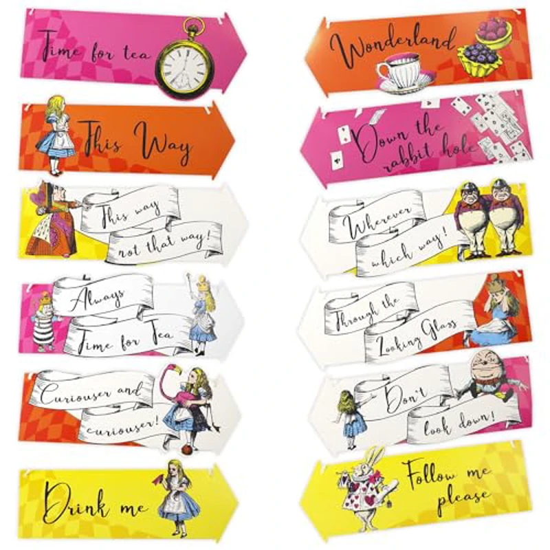 Talking Tables | 12x Alice in Wonderland Arrow Signs, Decoración Colgante para Fiesta de Té de Sombrereros Locos con Citas y Personajes del Libro - Imagen 1