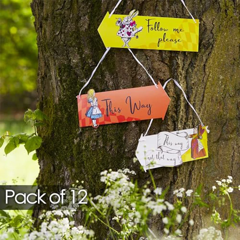 Talking Tables | 12x Alice in Wonderland Arrow Signs, Decoración Colgante para Fiesta de Té de Sombrereros Locos con Citas y Personajes del Libro - Imagen 2