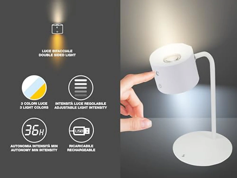 BEPER P201UTP303 Luminì lámpara con 3 funciones, Lámpara de sobremesa, lámpara con clip y accesorio de pared incluidos, Lámpara recargable con cable USB incluido, Interruptor táctil encendido, Blanco - Imagen 2