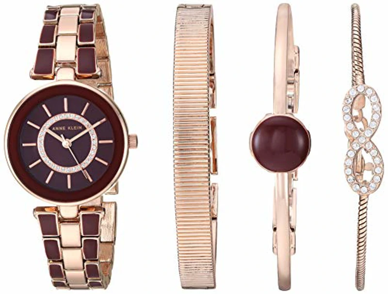 Anne Klein AK/3286 Set de Reloj de Pulsera con Adornos de Cristales con Juego de Pulseras, Burdeos/Oro Rosa - Imagen 1
