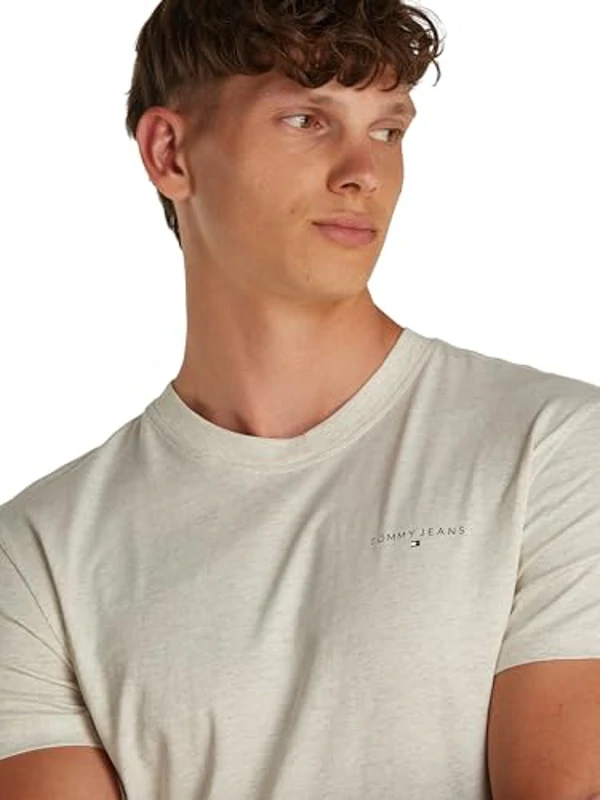 Tommy Jeans TJM Slim Linear Chest tee Ext, Camiseta de Manga Corta Hombre, Beige (Oat Marl Htr), XS - Imagen 3