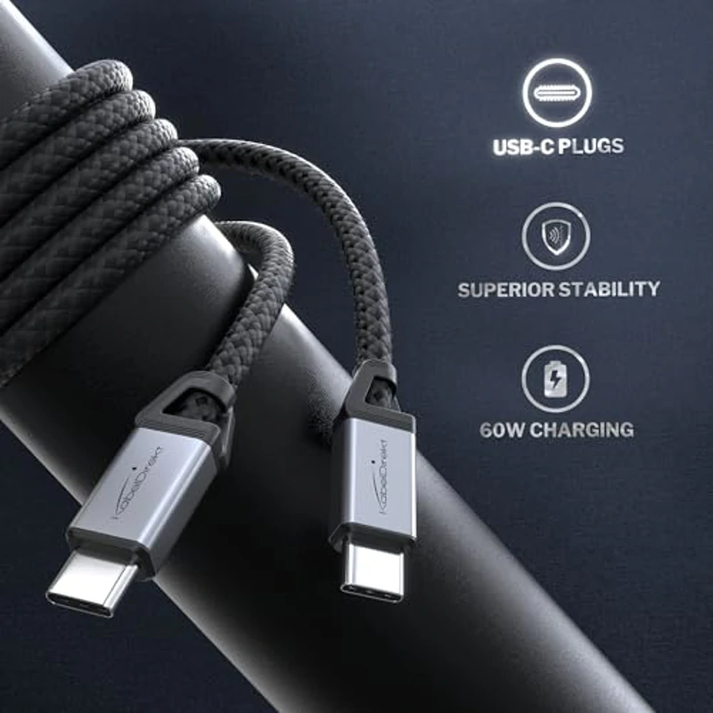 KabelDirekt – Cable USB-C para Carga Rápida, Conectores Metálicos + Trenzado de Nylon, USB 2.0 – 2m (Carga de Teléfonos/Portátiles con 60W, Ideal como Cable de Carga/Datos, Negro) - Imagen 2
