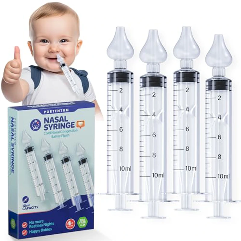 PORTENTUM Jeringa lavado nasal bebe 4 pcs, lavados nasales bebe 10 ml, jeringuilla lavado nasal bebe con puntal cómodo de silicona - Imagen 1