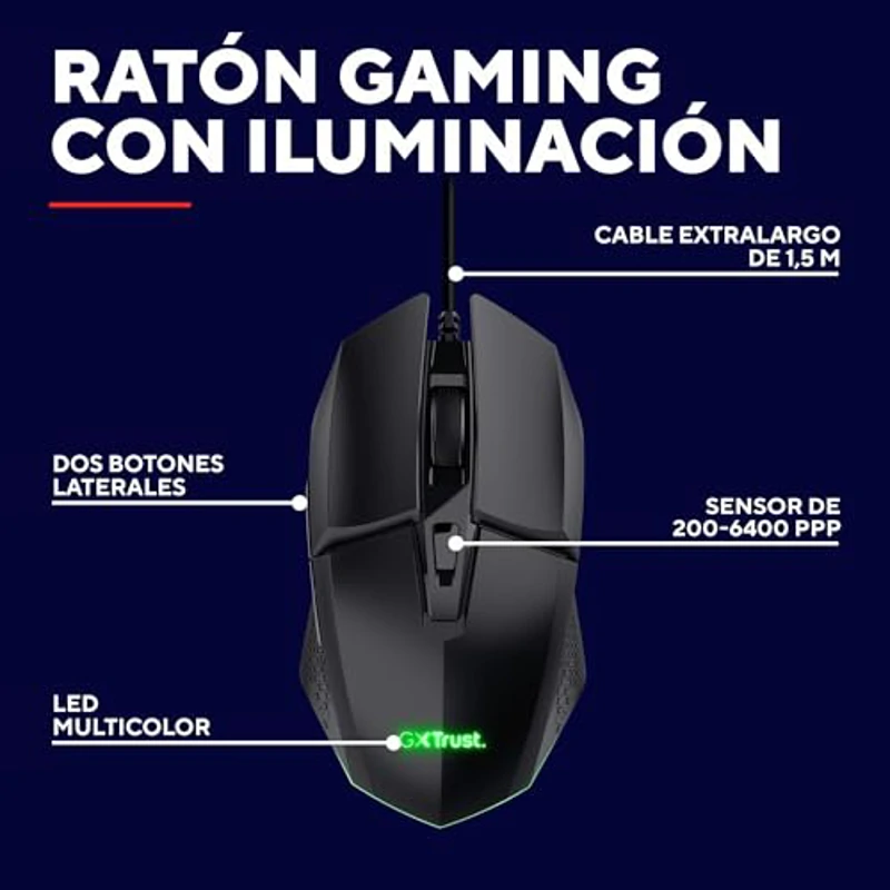 GXTrust 1109 Vylax Ratón Gaming con 6 Botones Programables, Iluminación LED Multicolor, Software Incluido, 200-6400 dpi, Cable USB 150 cm, Mouse Gamer para PC Portátil, Negro - Imagen 2