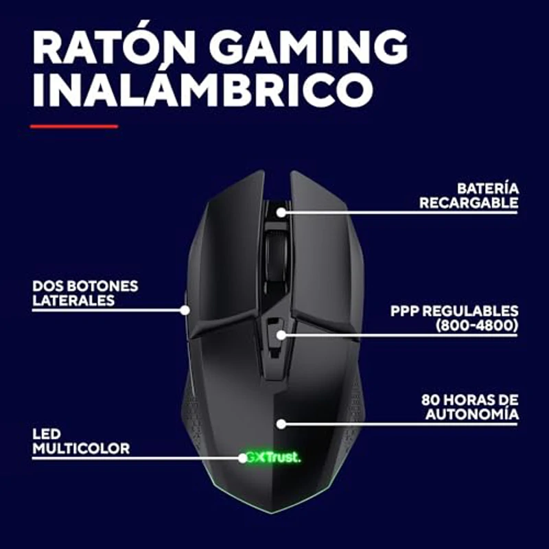 GXTrust 1108 Vylax Ratón Inalámbrico Gaming Recargable, Batería de 80h, 800-4800 dpi, Iluminación LED Multicolor, Receptor USB Almacenable, 6 Botones, Ratón Gaming para Portátil PC, Negro - Imagen 2