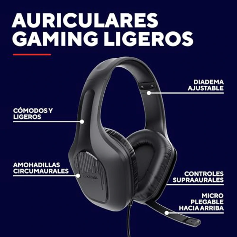 Trust Gaming GXT 418 Rayne Cascos Gaming Ligeros para PC Xbox PS4 PS5 Switch Mobile, Drivers de 50 mm, Conexión 3.5 mm, Micrófono Plegable, Auriculares con Cable 2m Over-Ear, Negro - Imagen 2