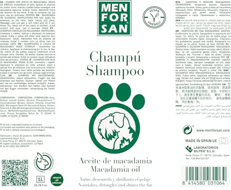 MENFORSAN Champú para Perros Aceite de Macadamia, Nutre y Abrillanta el Pelaje, Poder desenredante, Propiedades Anti Encrespamiento y Restauradoras, Cítrico, 1 l - Imagen 2