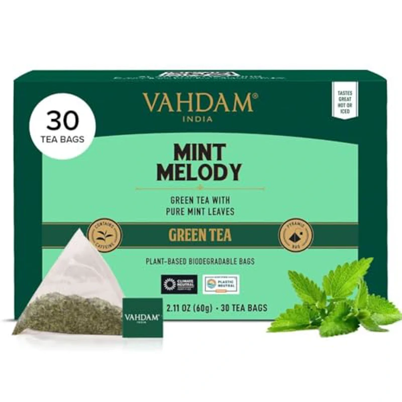 VAHDAM, Mint Melody Té Verde (30 Piramidales Bolsitas De Té) 100% Natural De Menta Y Hojas De Menta | Envasado Fresco En La India | Caliente, Frío O Como Kombucha - Imagen 1