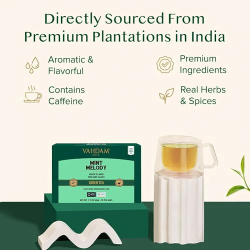 VAHDAM, Mint Melody Té Verde (30 Piramidales Bolsitas De Té) 100% Natural De Menta Y Hojas De Menta | Envasado Fresco En La India | Caliente, Frío O Como Kombucha - Imagen 3