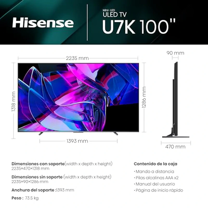 Hisense TV 100U7KQ - Mini-LED Smart TV de 100 Pulgadas,Televisor MiniLED más Grande del Mercado,Quantum Dot Colour, Modo Juego de 144Hz, Full Array Local Dimming, Dolby Vision IQ & Dolby Atmos(2023) - Imagen 2