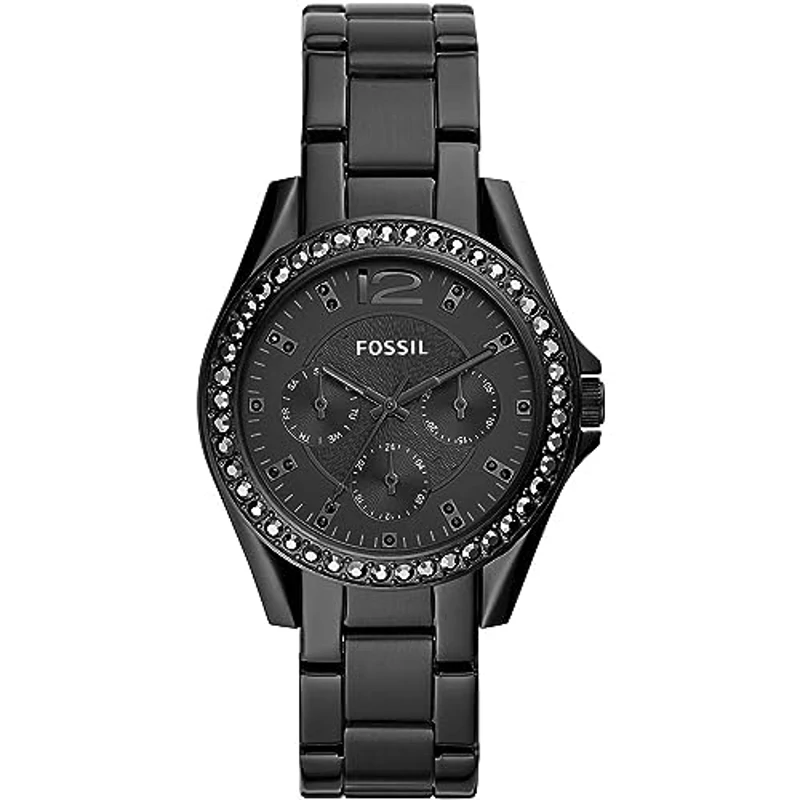 Fossil Riley Reloj para mujer, movimiento cronógrafo con correa de acero o piel, Negro y purpurina, 38MM - Imagen 1