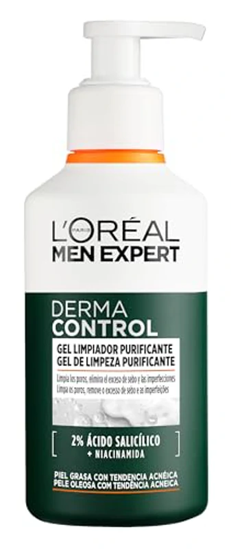 L'ORÉAL Paris Men Expert Derma Control Gel Limpiador Purificante con Ácido Salicílico y Niacinamida para Hombre con Piel Grasa y Tendencia Acneica. Reduce las Manchas y Marcas Post Acné, 260ml - Imagen 1