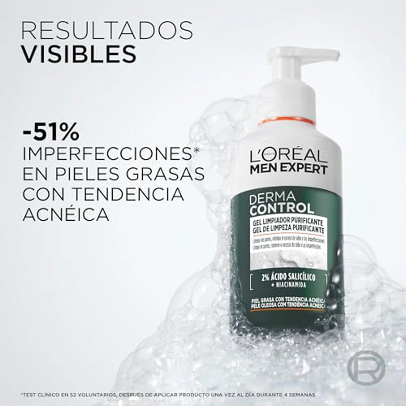 L'ORÉAL Paris Men Expert Derma Control Gel Limpiador Purificante con Ácido Salicílico y Niacinamida para Hombre con Piel Grasa y Tendencia Acneica. Reduce las Manchas y Marcas Post Acné, 260ml - Imagen 3
