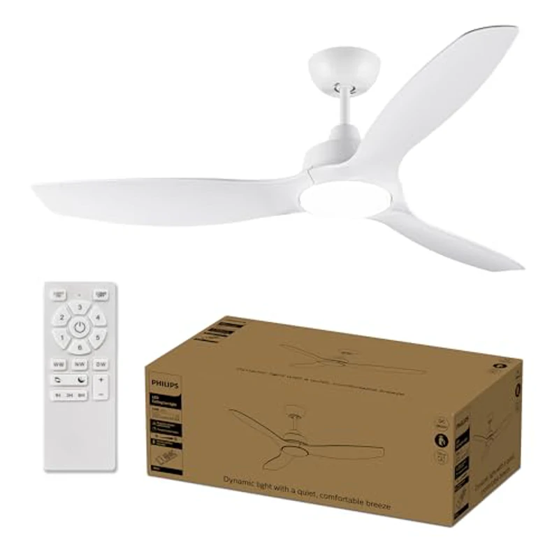 Philips Ventilador de techo con Led, 3 aspas fijas 52" (diametro 136cm), luz LED 28 W, motor DC silencioso, 3 temperaturas de luz, mando a distancia incluido, certificación EU IEC 60598 - Imagen 1