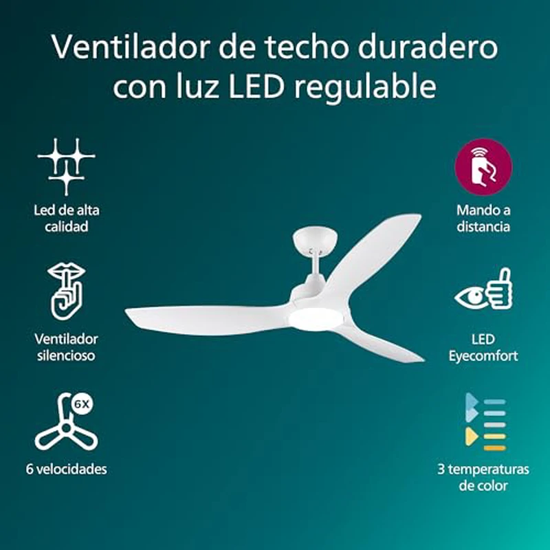 Philips Ventilador de techo con Led, 3 aspas fijas 52" (diametro 136cm), luz LED 28 W, motor DC silencioso, 3 temperaturas de luz, mando a distancia incluido, certificación EU IEC 60598 - Imagen 2