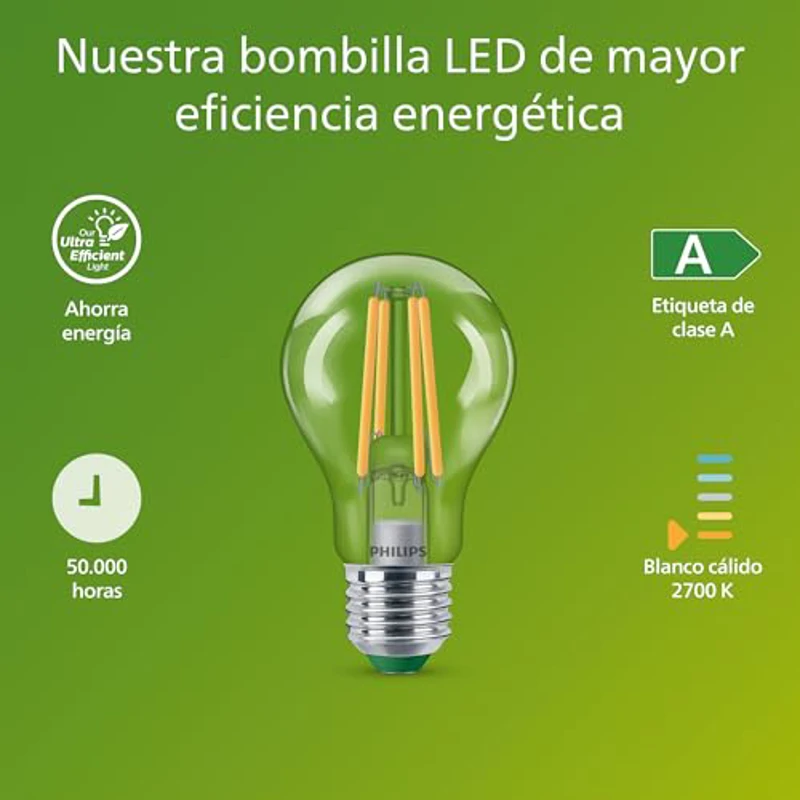 Philips Bombilla LED Ultraeficiente, clase de eficiencia energética A, E27, 60 W, transparente, blanco cálido 2700 K, paquete de 6 unidades - Imagen 2