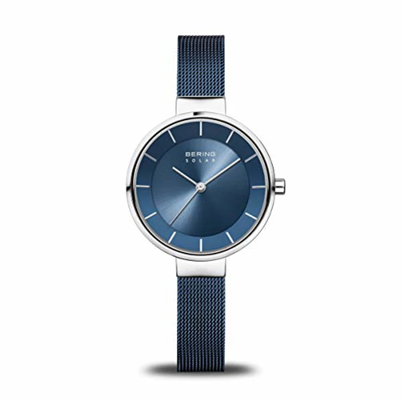 BERING 14631-307 Reloj solar para mujer con caja de acero inoxidable plateado de 31 mm y esfera azul, correa milanesa, cristal de zafiro y resistencia al agua de 5 ATM - Imagen 1