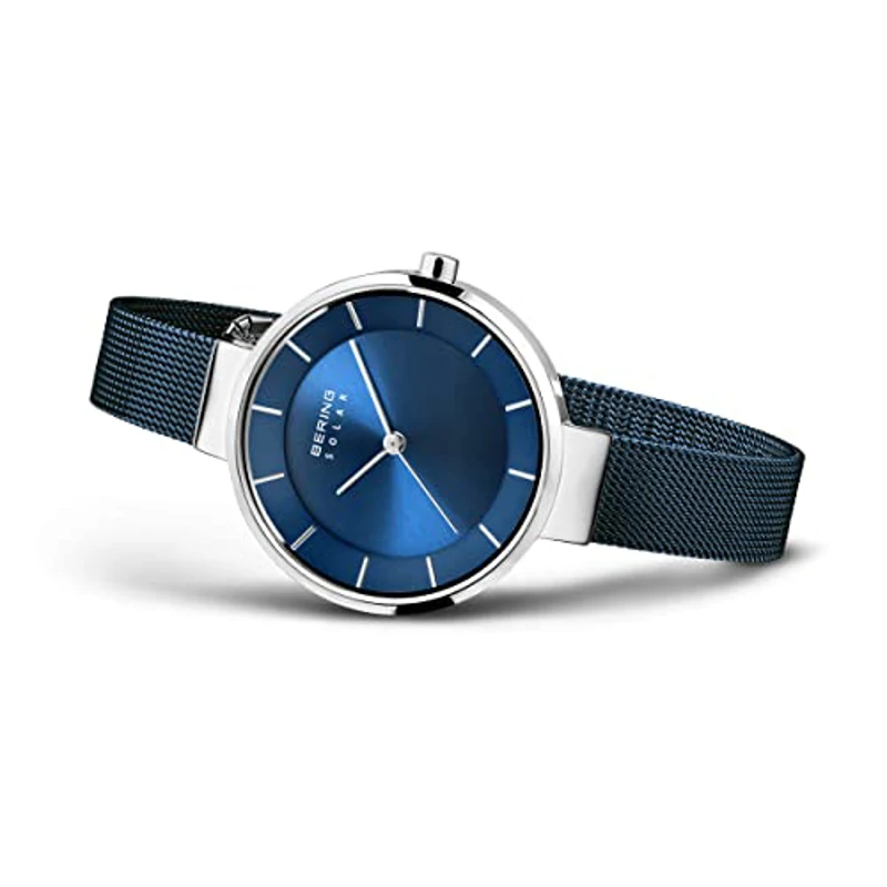 BERING 14631-307 Reloj solar para mujer con caja de acero inoxidable plateado de 31 mm y esfera azul, correa milanesa, cristal de zafiro y resistencia al agua de 5 ATM - Imagen 2