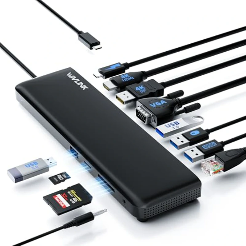 WAVLINK - Estación de Acoplamiento USB-C 3 monitores con HDMI, DP, VGA, 100W PD, USB3.0&2.0, RJ45, Ranuras SD/TF, Audio/micrófono, para Lenovo/HP/DELL, etc - Imagen 1