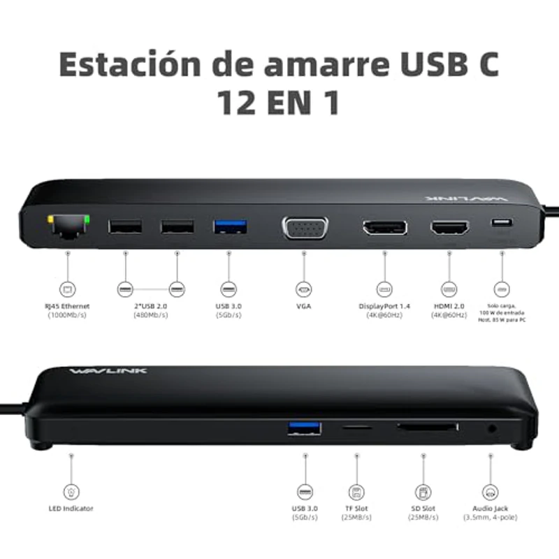WAVLINK - Estación de Acoplamiento USB-C 3 monitores con HDMI, DP, VGA, 100W PD, USB3.0&2.0, RJ45, Ranuras SD/TF, Audio/micrófono, para Lenovo/HP/DELL, etc - Imagen 2