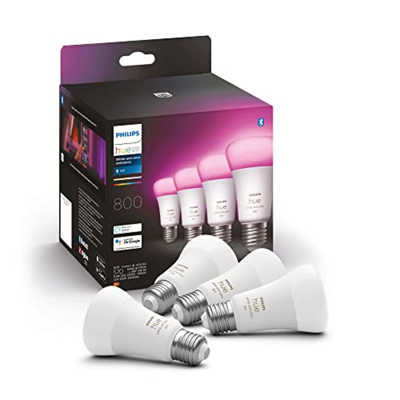 Philips Hue - Bombilla LED Inteligente, A60 E27, Luz Blanca y de Colores, 6.5W (Eq. 60W), 806 Lumens, Compatible con Alexa y Google Home - Pack de 4 Bombillas LED Inteligentes - Imagen 1