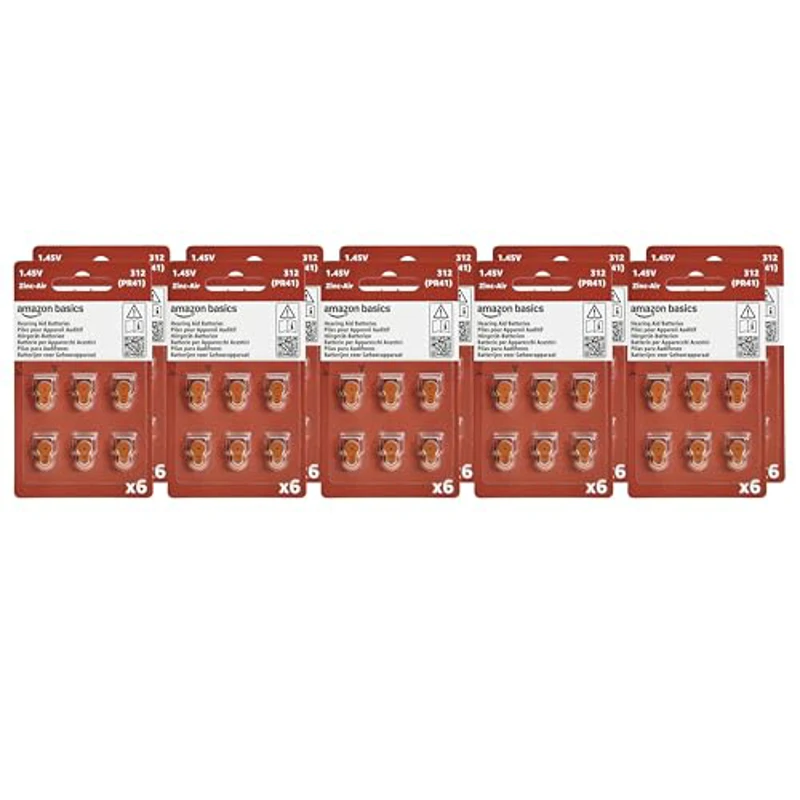 Amazon Basics Paquete de 60 pilas, tamaño 312, para audífonos, zinc-aire, 1,45 voltios, pestaña marrón, vida útil de 4 años, Paquete seguro para niños (usa tijeras para abrirlo) - Imagen 1