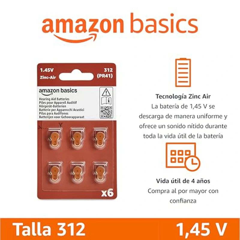 Amazon Basics Paquete de 60 pilas, tamaño 312, para audífonos, zinc-aire, 1,45 voltios, pestaña marrón, vida útil de 4 años, Paquete seguro para niños (usa tijeras para abrirlo) - Imagen 2