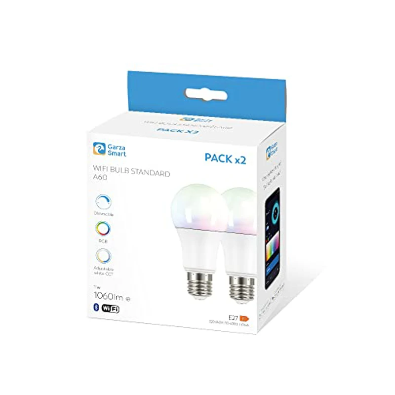 Garza Smart - Pack 2 Bombilla LED Inteligente Wifi Estándar A60, 11W (equivale a 75W incandescencia), E27, RGB + CCT, Intensidad regulable, Programable, Control voz y app, Alexa/Google, WiFi 2.4GHz - Imagen 2