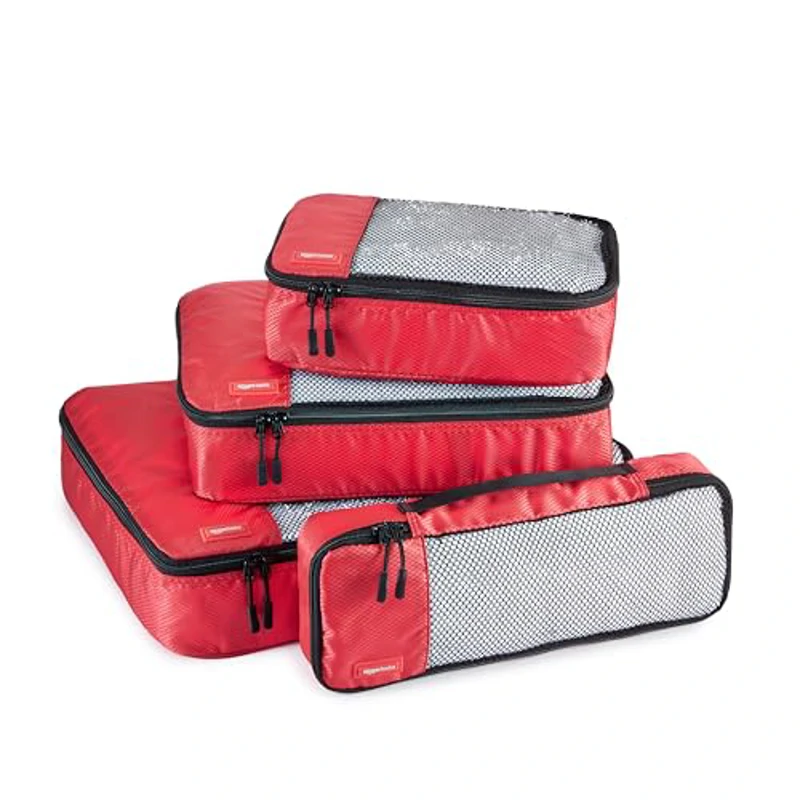 Amazon Basics Organizador Para Maletas, Organizadores de Viaje, con Cremallera, Juego de 4 Bolsas, Grande/Mediano/Pequeño/Delgado, rojo - Imagen 1