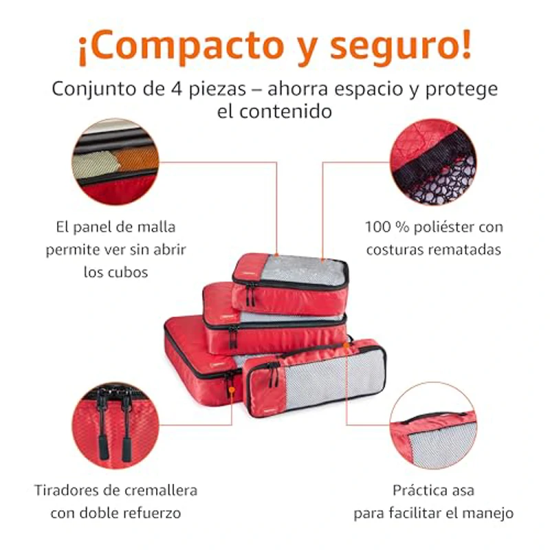 Amazon Basics Organizador Para Maletas, Organizadores de Viaje, con Cremallera, Juego de 4 Bolsas, Grande/Mediano/Pequeño/Delgado, rojo - Imagen 2