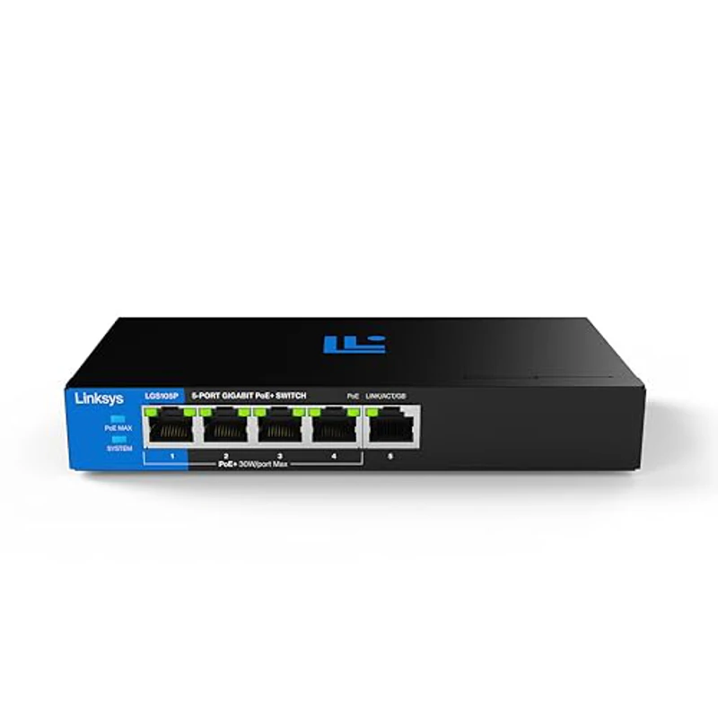 Switch Linksys Gigabit PoE+ no gestionado de 5 puertos | Ethernet energéticamente eficiente | Control de flujo full dúplex | Ideal para oficinas pequeñas y domésticas | Diseño sin ventilador y carcasa - Imagen 1