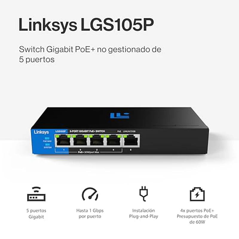 Switch Linksys Gigabit PoE+ no gestionado de 5 puertos | Ethernet energéticamente eficiente | Control de flujo full dúplex | Ideal para oficinas pequeñas y domésticas | Diseño sin ventilador y carcasa - Imagen 2