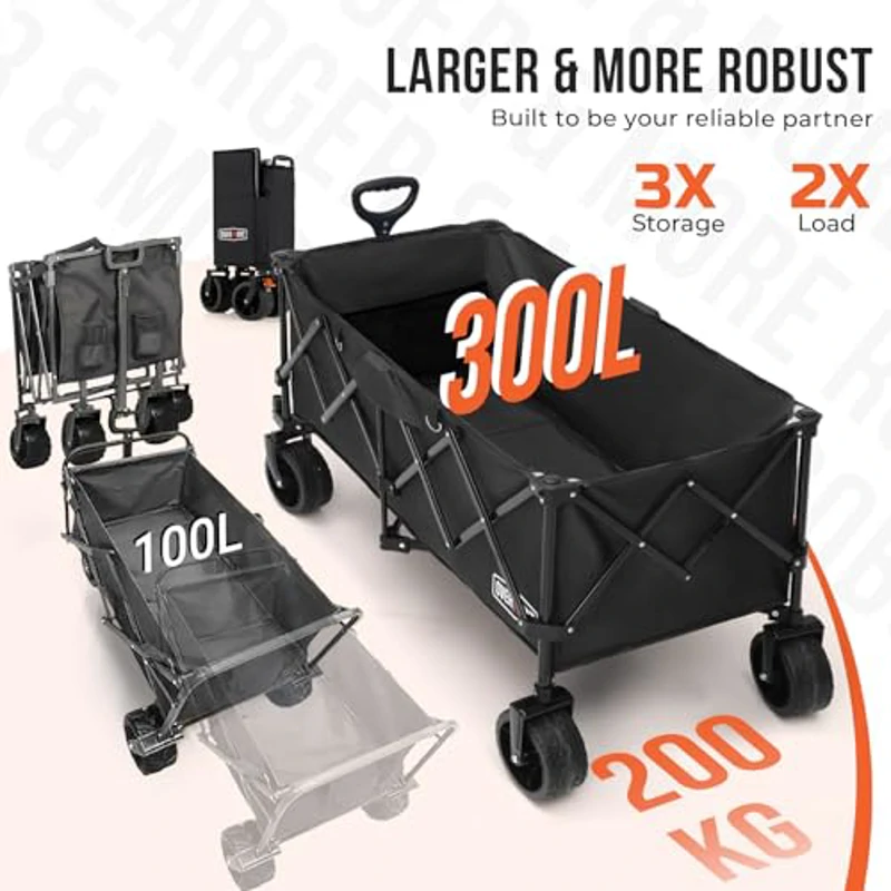 Overmont Carro Playa Plegable - 114CM Carrito Camping Plegable Extendido con Frenos - 250L 200KG Carro de Transporte con Ruedas Grandes Todo Terreno - Carro Portátil para Jardín Compras al Aire Libre - Imagen 2