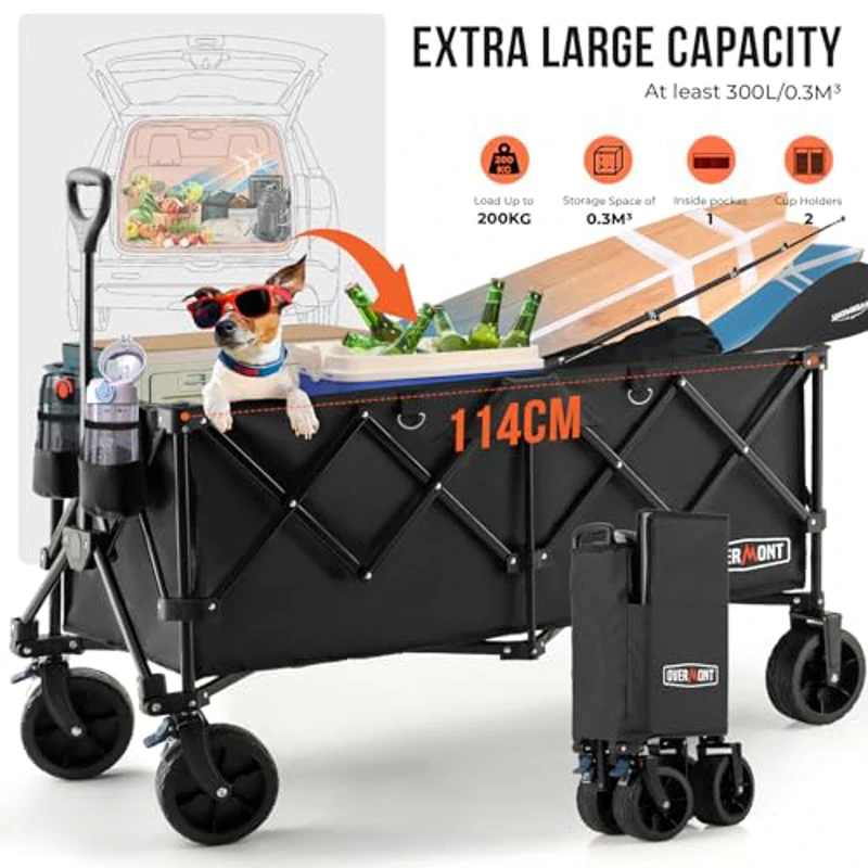 Overmont Carro Playa Plegable - 114CM Carrito Camping Plegable Extendido con Frenos - 250L 200KG Carro de Transporte con Ruedas Grandes Todo Terreno - Carro Portátil para Jardín Compras al Aire Libre - Imagen 3