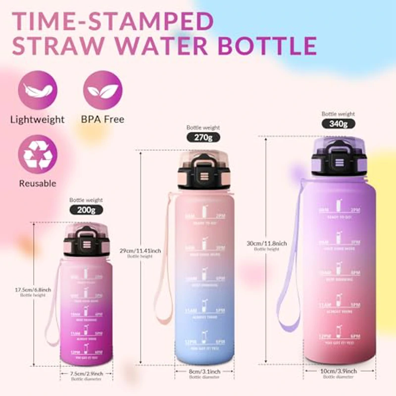 HoneyHolly Botella Agua, 1.5L Cantimplora Gimnasio con Pajita, Water Bottle, con Marcador de Tiempo, Botella de Agua Deportiva, Prueba de Fugas, Cantimplora para Escuela, Senderismo, Fitness - Imagen 3