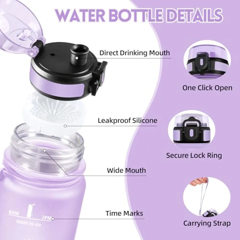 HoneyHolly Botella Agua, 1L, Marcador de Tiempo, Portátil, Cantimplora, Reutilizable, Botella Agua Gimnasio, A Prueba de Fugas, Cantimplora para Gimnasio, Ciclismo, Oficina y Exteriores - Imagen 2