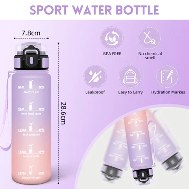 HoneyHolly Botella Agua, 1L, Marcador de Tiempo, Portátil, Cantimplora, Reutilizable, Botella Agua Gimnasio, A Prueba de Fugas, Cantimplora para Gimnasio, Ciclismo, Oficina y Exteriores - Imagen 3