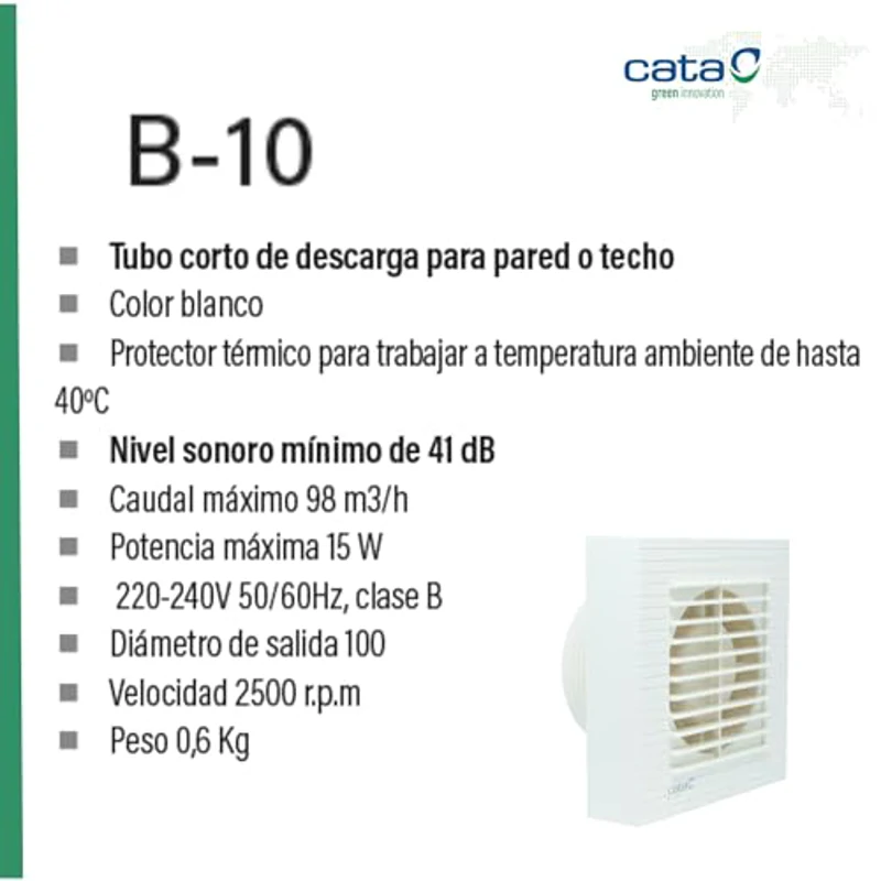 Cata Extractor de Baño B-10 con protector Térmico Potencia 15W Peso 0,6KG Ligero y Silencioso 41 dB 2500 r.p.pm Color Blanco - Imagen 3