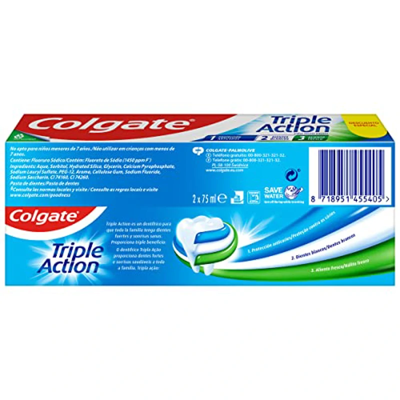 COLGATE Triple Action Dentífrico, Estándar, 2 x 75 Ml, 150 Mililitros - Imagen 2